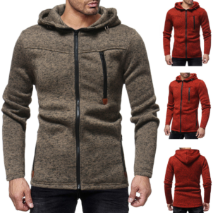 New men's fashion zipper stitching casual hooded solid color knit cardigan sweater