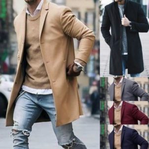 Solid color simple men's long woolen coat