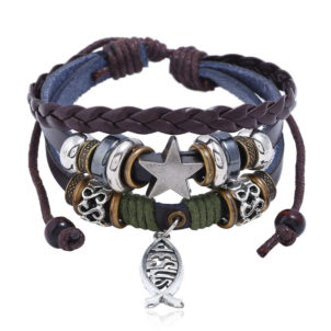 New beaded leather bracelet Jewelry wholesale Factory direct leather bracelet Jesus fish Cross bracelet