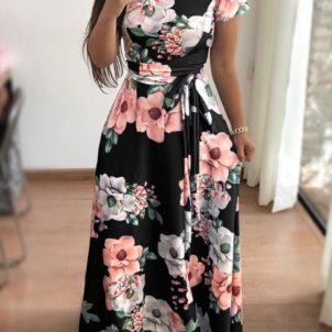 Style flower print short sleeve big swing dress