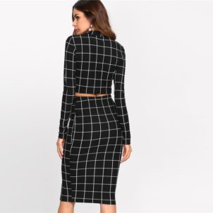 Stand Collar Long Sleeve 2 Piece Set Women Crop Grid Top & Pencil Skirt Co-Ord Ladies Elegant OL Style Twopiece