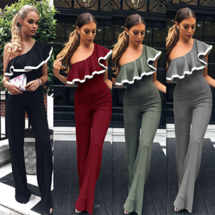 Women's new sexy jumpsuit ruffled color matching one-piece wide-leg pants